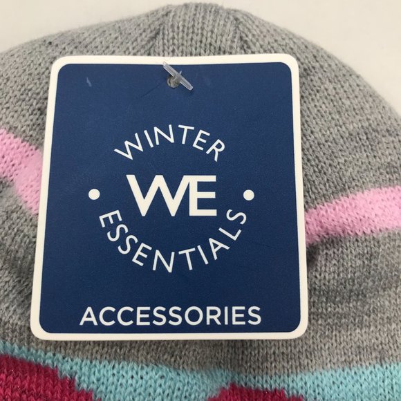 Winter Essentials Girls One Size Gray/Multicolor Stripe with Heart Knit Beanie - Picture 3 of 7